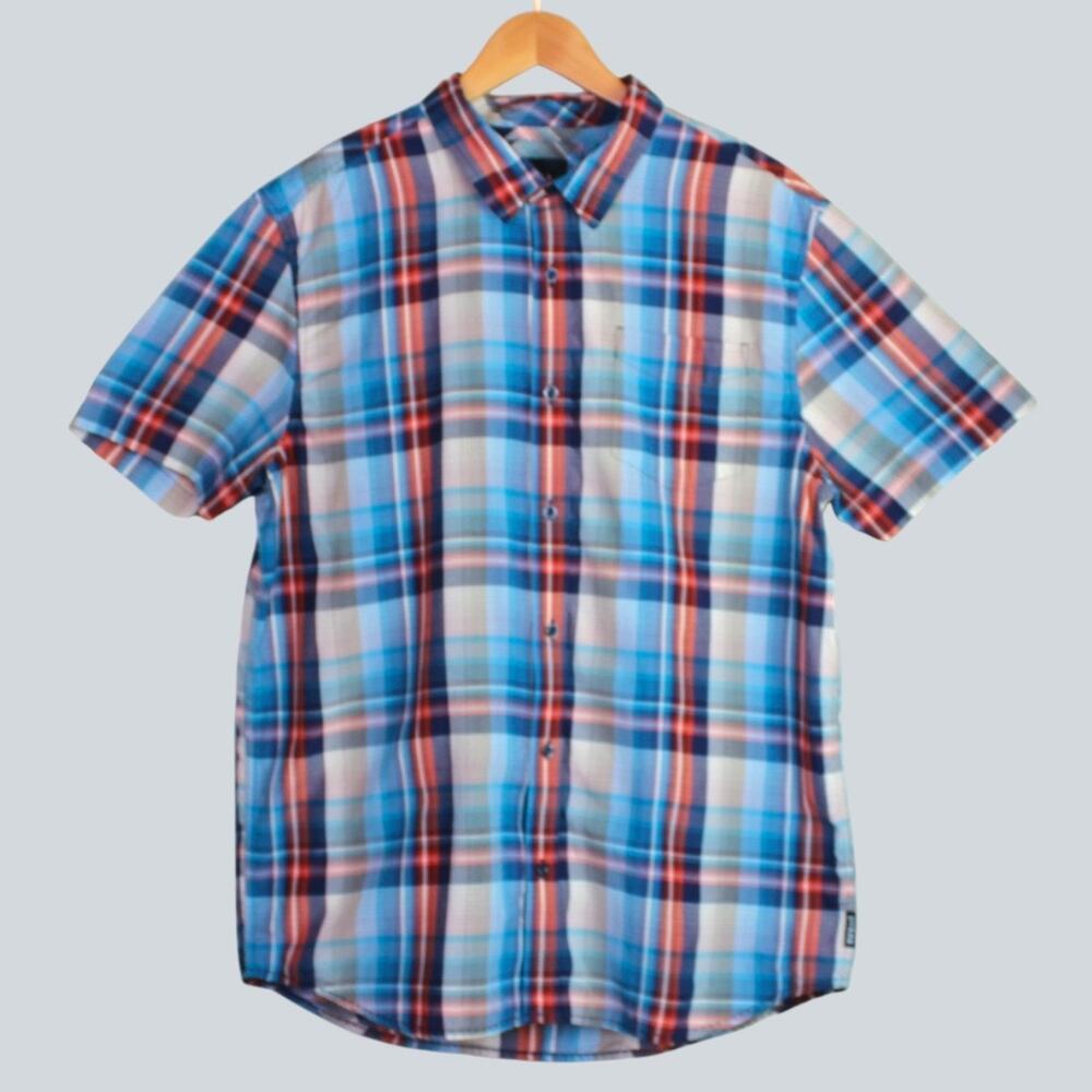 prAna Groveland Shirt SS Button Up Plaid Shirt Breathable Hiking in Blue Large